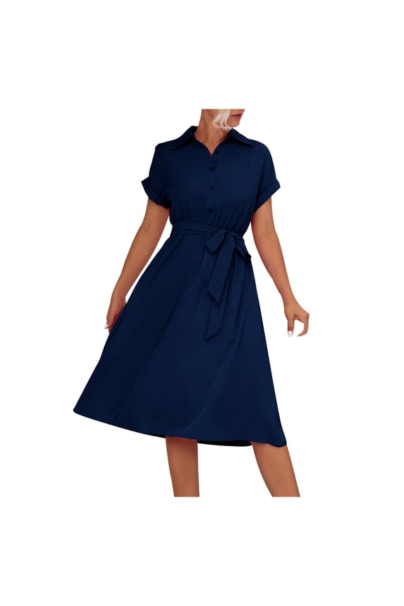 Womens Casual Midi Dresses Solid Color V Neck Short Sleeve Button Front Shirt Dress for Spring Summer Lace Up High Waisted Elegant Long Dress