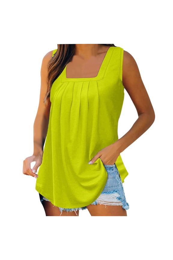 Womens Casual Square Neck Tank Tops Sleeveless Loose Fit Summer Solid Color Basic Vest Pleated Flowy Classic Versatile Leisure Lightweight Tee Tops Yellow XXL