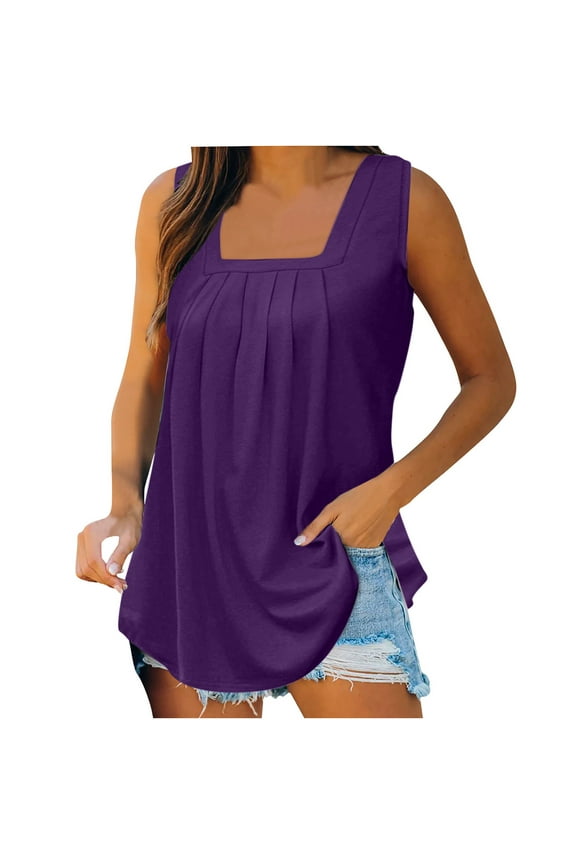 Womens Casual Square Neck Tank Tops Sleeveless Loose Fit Summer Solid Color Basic Vest Pleated Flowy Classic Versatile Leisure Lightweight Tee Tops Purple XL
