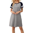 thumbnail image 1 of VSSSJ Womens Casual Striped Short Sleeve Mini Dresses Summer Loose Fit Crew Neck Solid Color Swing A Line T Shirt Dress with Pockets, 1 of 6