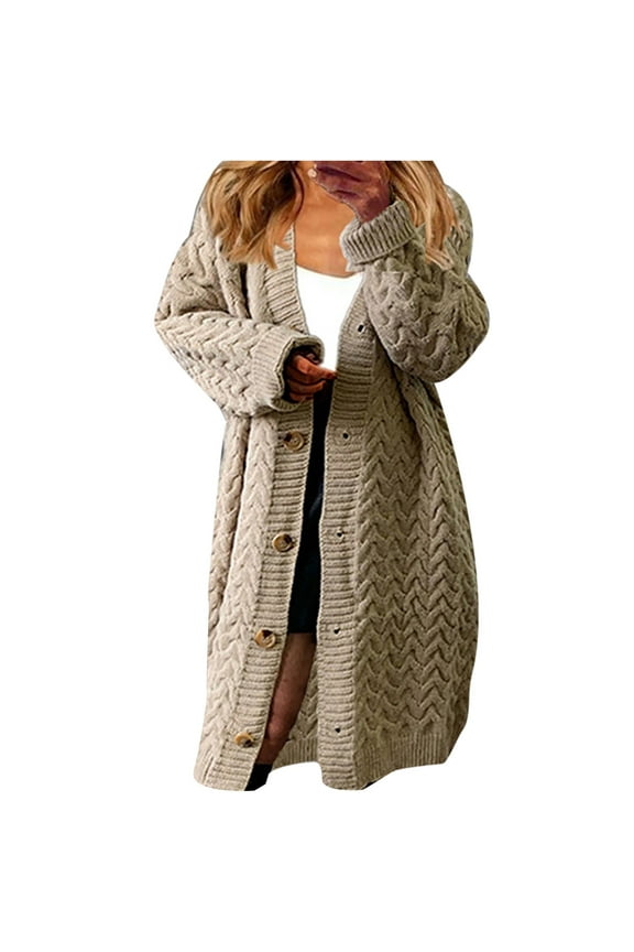 Womens Chunky Cable Knit Open Front Sweater Coat Button Down Long Sleeve Solid Color Draped Warm Loose Midi Cardigan Outwear Coffee S
