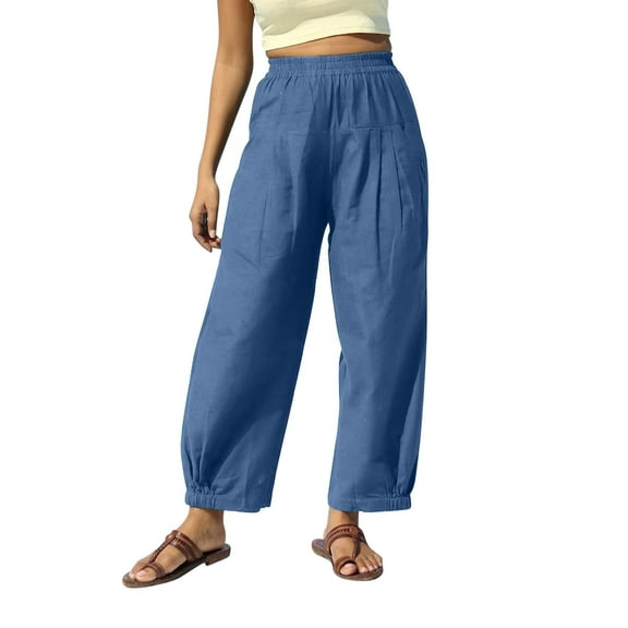 VSSSJ Womens Cotton Linen Casual Pants High Waist Wide Leg Harem Pants Elastic Waist Comfortable Loose Fit Summer Vacation Lounge Pants Dark Blue L