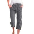 thumbnail image 1 of VSSSJ Womens Cotton and Linen Seven Point Pants Loose Fit Button Solid Color Drawstring Elastic Waist Baggy Wide Leg Pants Casual Comfy Straight Capris Pants Dark Gray XXXXL, 1 of 5