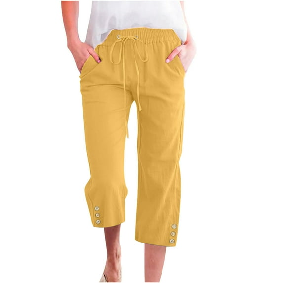 VSSSJ Womens Cotton and Linen Seven Point Pants Loose Fit Button Solid Color Drawstring Elastic Waist Baggy Wide Leg Pants Casual Comfy Straight Capris Pants Yellow S