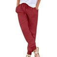 thumbnail image 1 of VSSSJ Womens Cotton Linen Tapered Pants Regular Fit Solid Color Patchwork Drawstring Elastic Waist Trousers Leisure Comfy Long Pants with Pockets Red M, 1 of 5