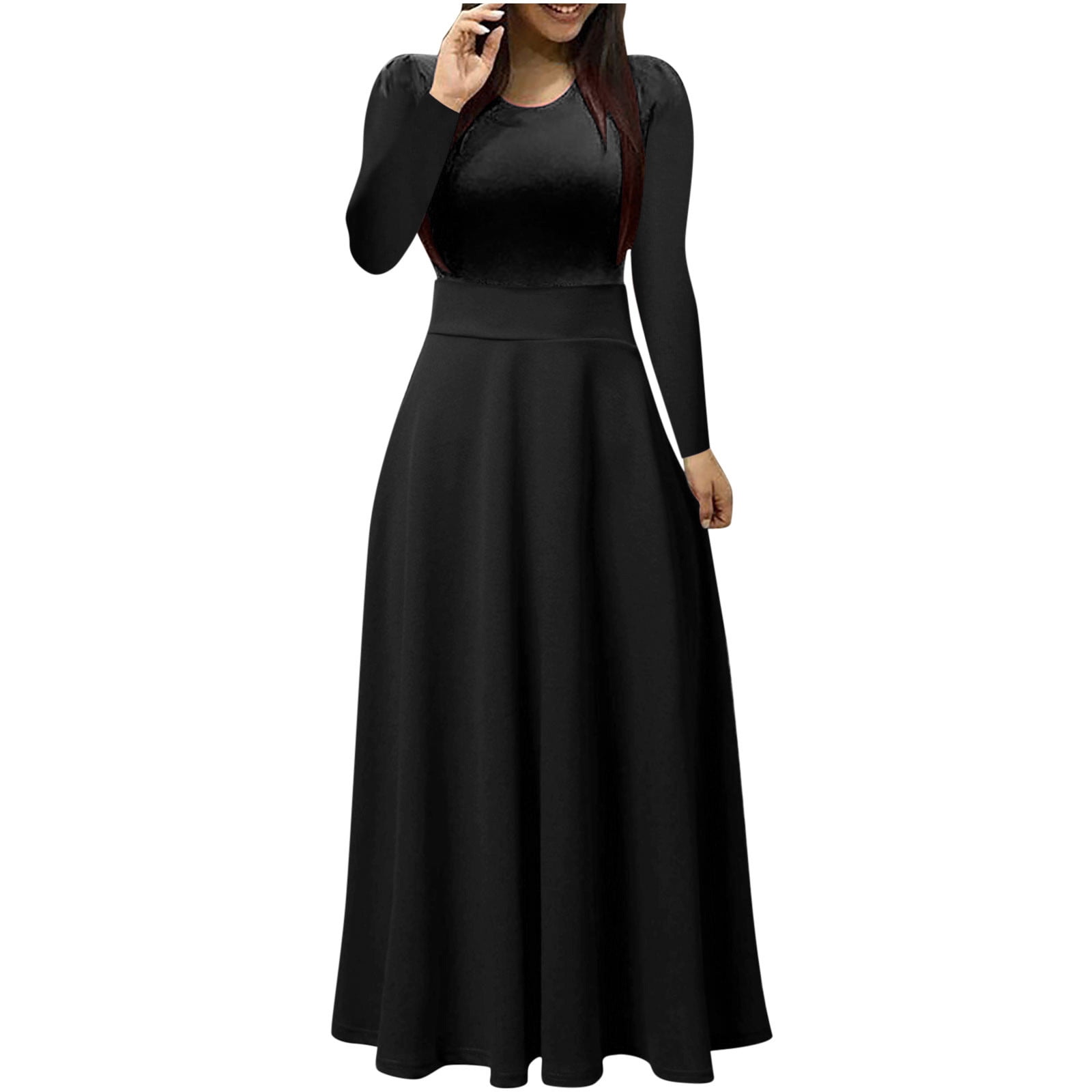 VSSSJ Womens Crew Neck Long Sleeve Slim Tunic Elegant Long Dresses Solid  Color High Waist Casual Party Swing A-Line Maxi Dress Black M