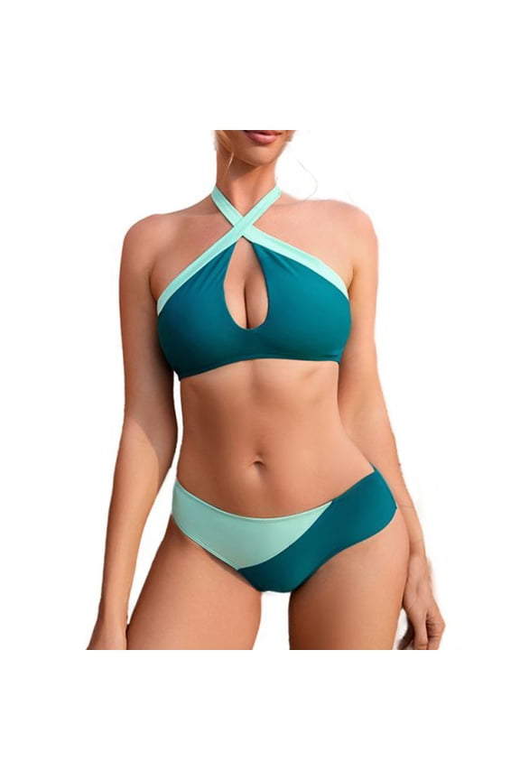 Womens Crisscross Wrap Tie Halter Neck Bikini Set Color Blocking Cut Out Two Piece Swimsuit High Waist Backless Bathing Suit