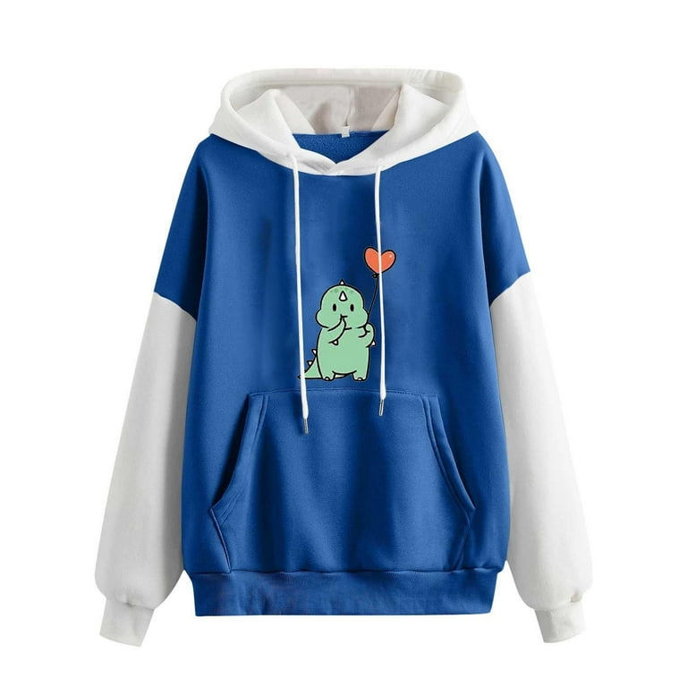 VSSSJ Womens Cute Cartoon Dinosaur Printed Loose Hoodies Pullover Color Block Crew Neck Casual Long Sleeve Sweatshirt with Pockets Blue L