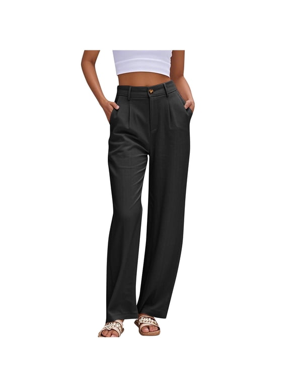 Womens Dress Pants Button Front Zipper Fly Straight Leg Pants Elastic Waist Wide Leg Comfortable Professional Office Work Trousers With Pockets Black XL