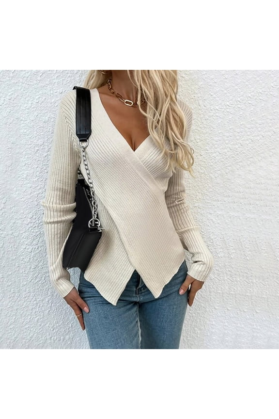 Womens Elegant Cross Wrap V Neck Knitted Sweater Casual Irregular Hem Solid Color Long Sleeve Ribbed Slim Tunic Sweaters Beige S