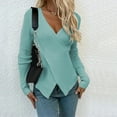 thumbnail image 1 of VSSSJ Womens Elegant Cross Wrap V Neck Knitted Sweater Casual Irregular Hem Solid Color Long Sleeve Ribbed Slim Tunic Sweaters Blue M, 1 of 7