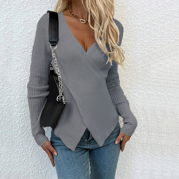 VSSSJ Womens Elegant Cross Wrap V Neck Knitted Sweater Casual Irregular Hem Solid Color Long Sleeve Ribbed Slim Tunic Sweaters Gray XL