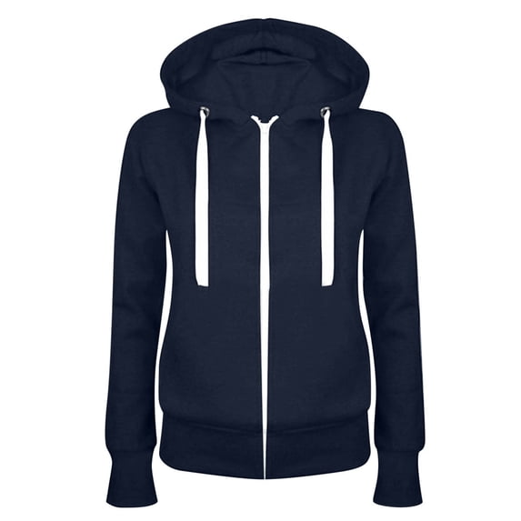 VSSSJ Womens Full Zip Up Solid Color Fleece Hoodies Loose Comfy Long Sleeve Crew Neck Fall Winter Jacket Casual Hooded Sweatshirt Coat Navy L