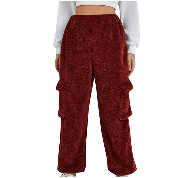 VSSSJ Womens Fuzzy Fleece Pants Regular Fit Winter Warm Thicken Elastic Waist Leggings Pants with Pockets Comfy Soft Plush Pajama Pants Wine M