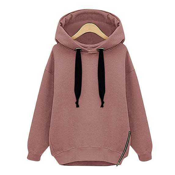 VSSSJ Womens Hoodies Sweatshirt Crew Neck Loose Long Sleeve Oversized Casual Crew Neck Side Zipper Winter Warm Hooded Pullover Pink XL