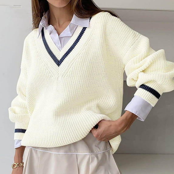 VSSSJ Womens Long Sleeve Color Block Patchwork Academic Casual Sweater Loose Comfy V Neck Simple Trendy Knitted Pullover Sweaters White L
