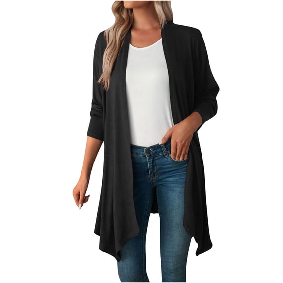 VSSSJ Womens Long Sleeve Open Front Cardigans Solid Color Casual Irregular Hem Soft Draped Simple Classic Cardigan with Pockets Black XL