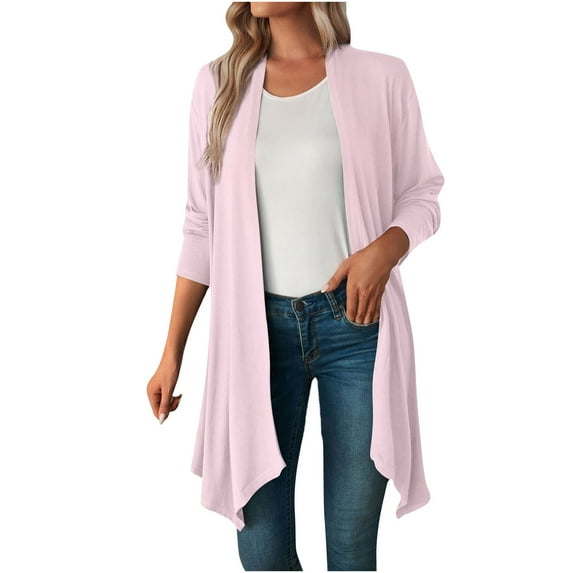 VSSSJ Womens Long Sleeve Open Front Cardigans Solid Color Casual Irregular Hem Soft Draped Simple Classic Cardigan with Pockets Pink S