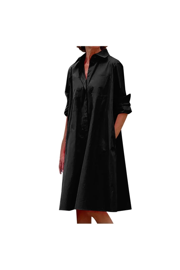 Womens Long Sleeve Shirt Dresses Turndown Collar Solid Color Button Down Simple Casual Knee-Length Loose Dress with Pockets Black S