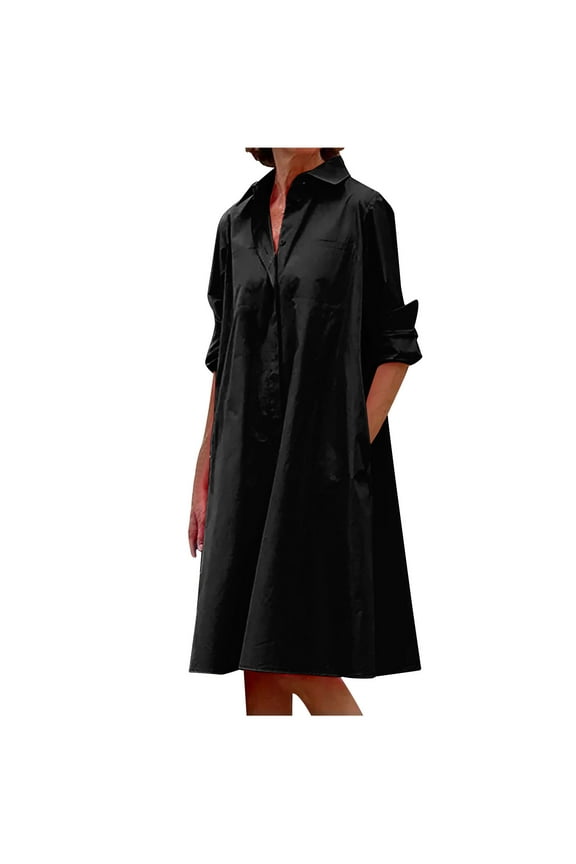 Womens Long Sleeve Shirt Dresses Turndown Collar Solid Color Button Down Simple Casual Knee-Length Loose Dress with Pockets Black XL