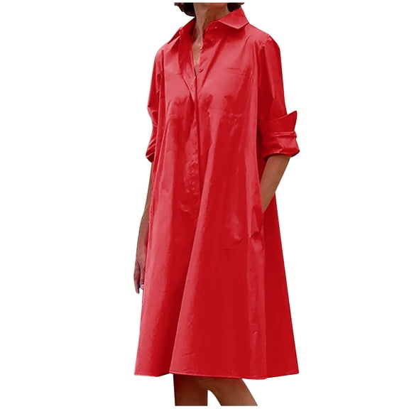 VSSSJ Womens Long Sleeve Shirt Dresses Turndown Collar Solid Color Button Down Simple Casual Knee-Length Loose Dress with Pockets Red XXL