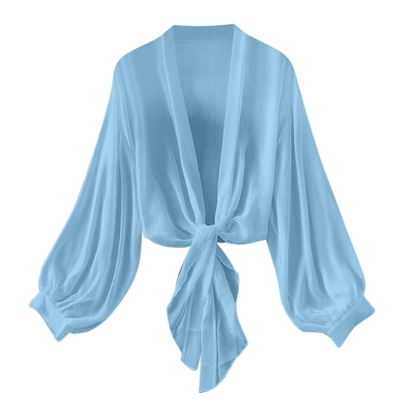 VSSSJ Womens Long Sleeve Shrug Sheer Cardigan Tie Front Chiffon Cropped Cardigan Beach Cover Up Cardigans Tops Blouses Blue XL