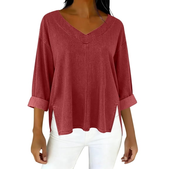 VSSSJ Womens Long Sleeve T-Shirts Casual V Neck Loose Fit High-Low Hem Tops Drop Shoulder Side Slit Lightweight Tunic Tees Tops Red S