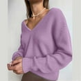 thumbnail image 1 of VSSSJ Womens Long Sleeve V Neck Casual Comfy Knit Sweaters Solid Color Loose Fit Ribbed Basic Simple Pullover Jumper Sweater Tops Purple L, 1 of 9