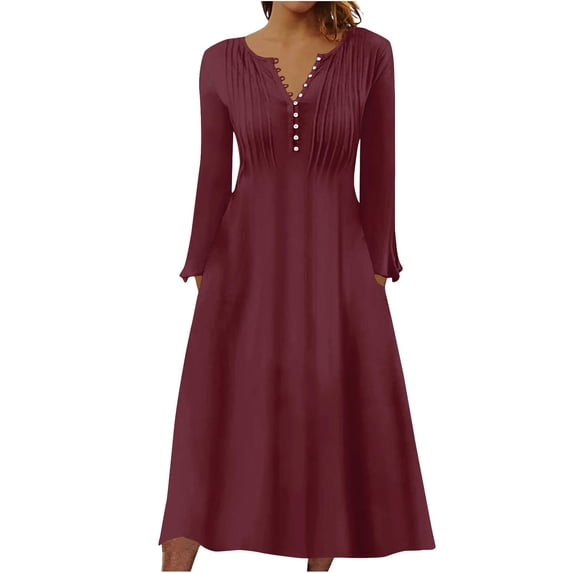 VSSSJ Womens Midi Dresses Button Front Casual Crew Neck Vacation Dress Solid Color Swing Comfy Loose Long Sleeve Elegant A-Line Tunic Dress Wine M