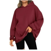 VSSSJ Womens Oversized Sweatshirts Long Sleeve Hooded Warm Pullover Tops Casual Crew Neck Loose Fall Winter Solid Color Fleece Hoodies Wine S