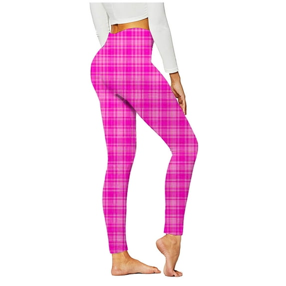 VSSSJ Womens Plaid Print Leggings Slim Fit Hip Lifting High Waist Lightweight Tights Comfortable Fitness Running Yoga Full Length Pants Hot Pink XL