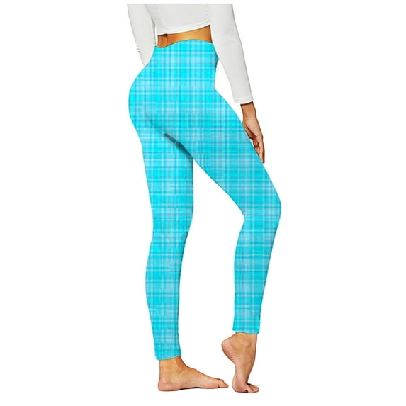 VSSSJ Womens Plaid Print Leggings Slim Fit Hip Lifting High Waist Lightweight Tights Comfortable Fitness Running Yoga Full Length Pants Sky Blue S
