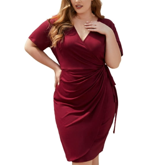 VSSSJ Womens Plus Size Sexy V Neck Wrap Dresses Solid Color Pleated Slim Fit Midi Dress Short Sleeve Tie Waist Summer Elegant Dress