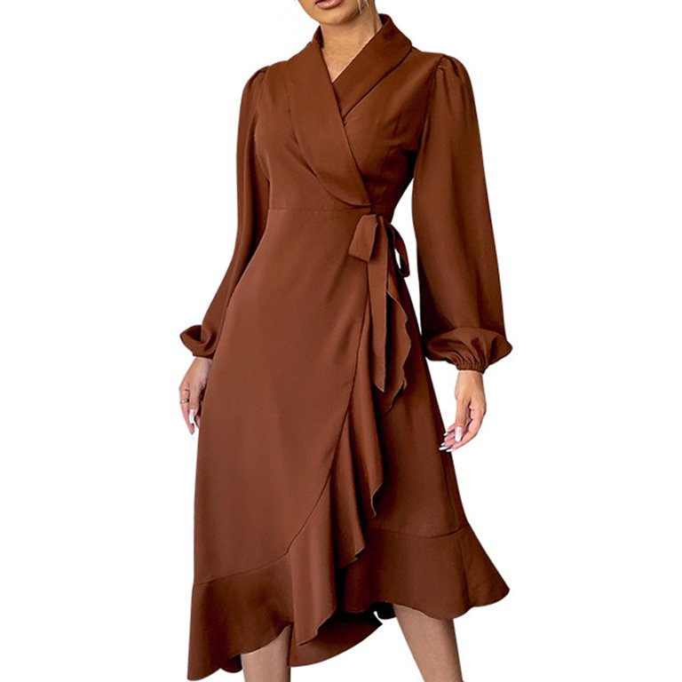 knee length dresses for ladies MANELI Chestnut Brown Cupro Midi Wrap Dress main image 1