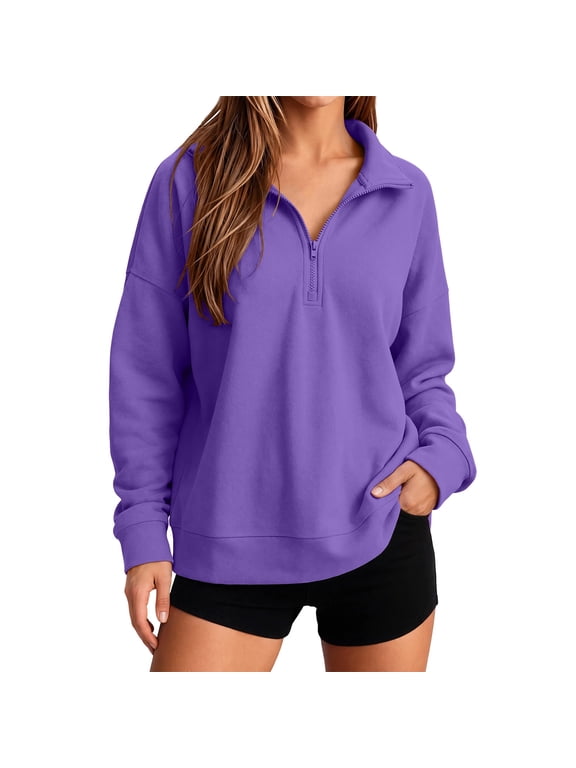 Womens Pullover Sweatshirt Quarter Zip Collared Long Sleeve Drop Shoulder Loose Casual Lightweight Fall Sweatshirts Tops Purple XXL