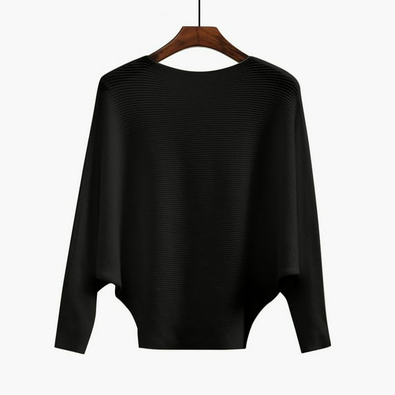 VSSSJ Womens Ribbed Batwing Long Sleeve Poncho Sweaters Elegant Solid Color Crew Neck Knitted Loose Pullover Cape Sweater Tops Black One Size