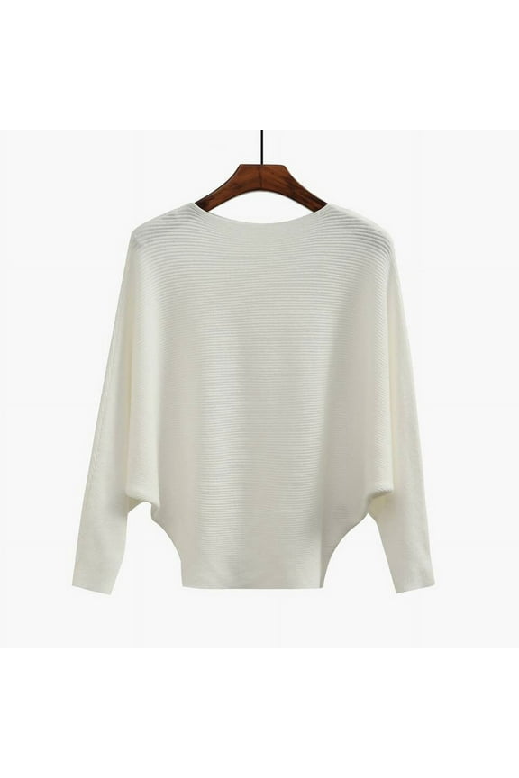 Womens Ribbed Batwing Long Sleeve Poncho Sweaters Elegant Solid Color Crew Neck Knitted Loose Pullover Cape Sweater Tops White One Size