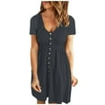 thumbnail image 1 of VSSSJ Womens Short Sleeve Button Down Casual Comfy Summer Tunic Mini Dresses Round Neck Solid Color Empire Waist Knee Length Dress Dark Gray S, 1 of 5