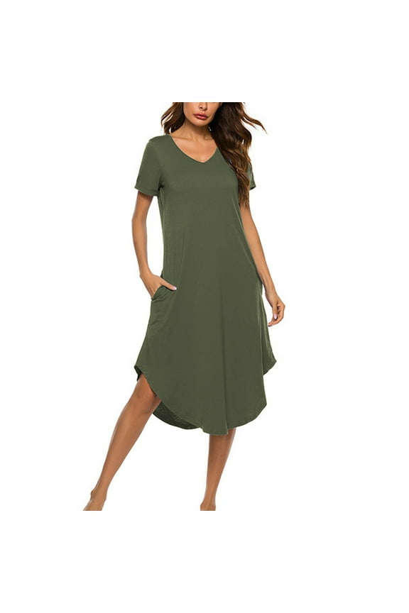 Womens Short Sleeve V Neck Summer Midi T Shirt Dresses Tie-Dye Printed Solid Color Pockets Casual Loose Split Swing Long Dress Army Green XXL