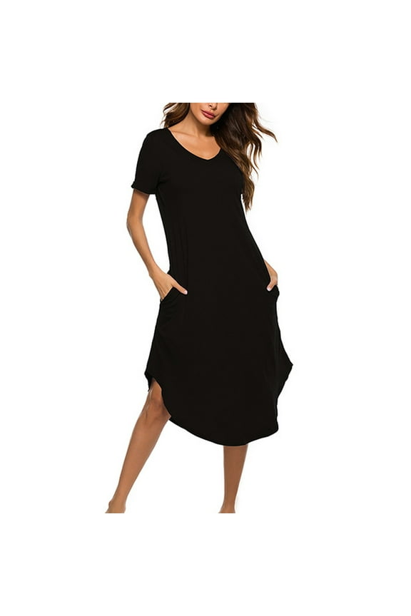 Womens Short Sleeve V Neck Summer Midi T Shirt Dresses Tie-Dye Printed Solid Color Pockets Casual Loose Split Swing Long Dress Black XL