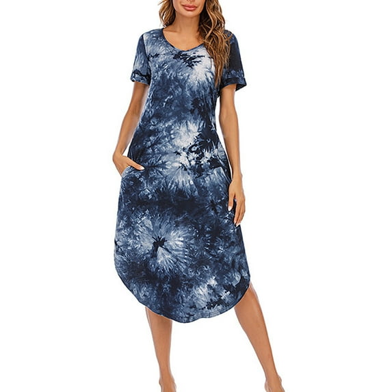VSSSJ Womens Short Sleeve V Neck Summer Midi T Shirt Dresses Tie-Dye Printed Solid Color Pockets Casual Loose Split Swing Long Dress Navy S