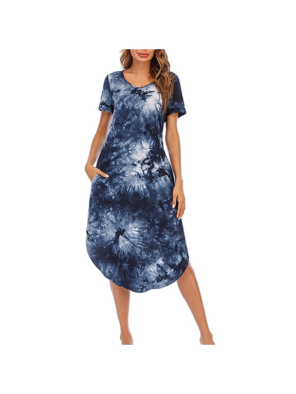 Womens Short Sleeve V Neck Summer Midi T Shirt Dresses Tie-Dye Printed Solid Color Pockets Casual Loose Split Swing Long Dress Navy XL