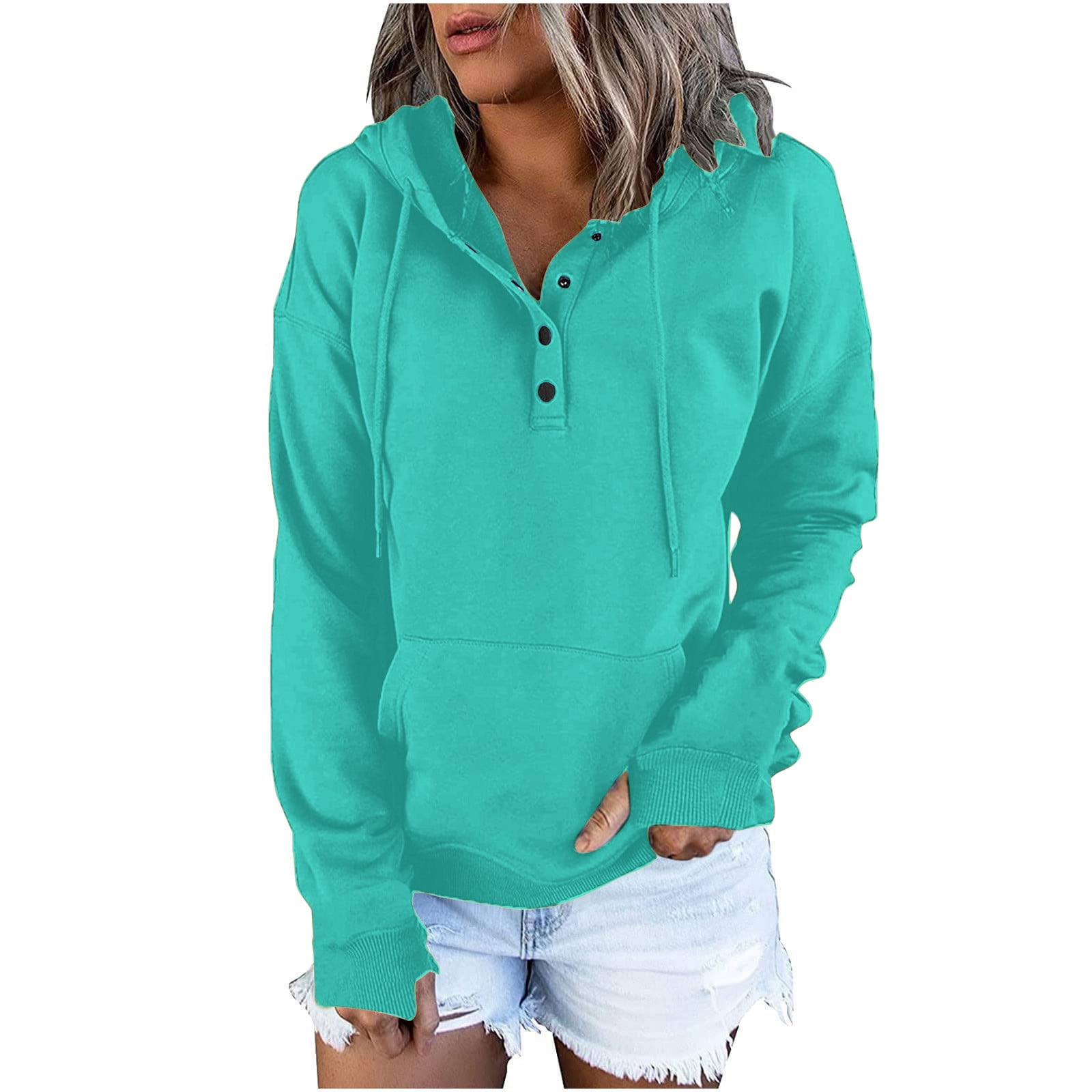 VSSSJ Womens Solid Color Casual Crewneck Button Hooded Sweatshirt