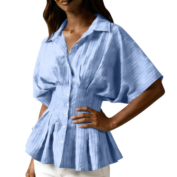 VSSSJ Womens Striped Button Down Shirts Short Sleeve Cinched Waist Tops Collared Summer Business Work Casual Tunic Peplum Blouses Blue M