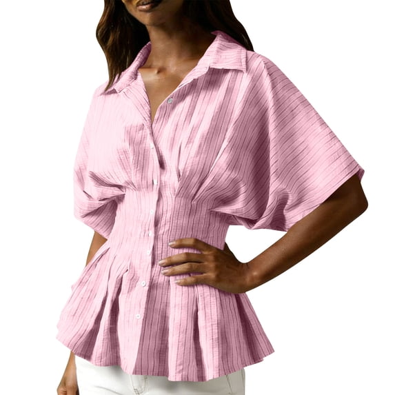VSSSJ Womens Striped Button Down Shirts Short Sleeve Cinched Waist Tops Collared Summer Business Work Casual Tunic Peplum Blouses Pink L