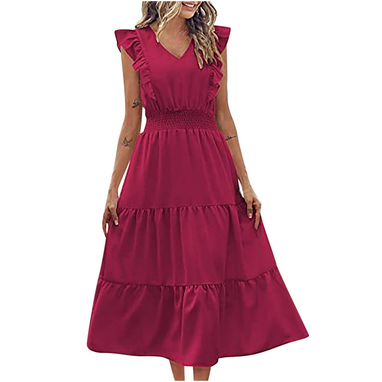Sweet Elegant Solid Flounce V Neck A Line Dresses(5 Colors) Sweet Elegant Solid Flounce V Neck A Line Dresses(5 Colors)