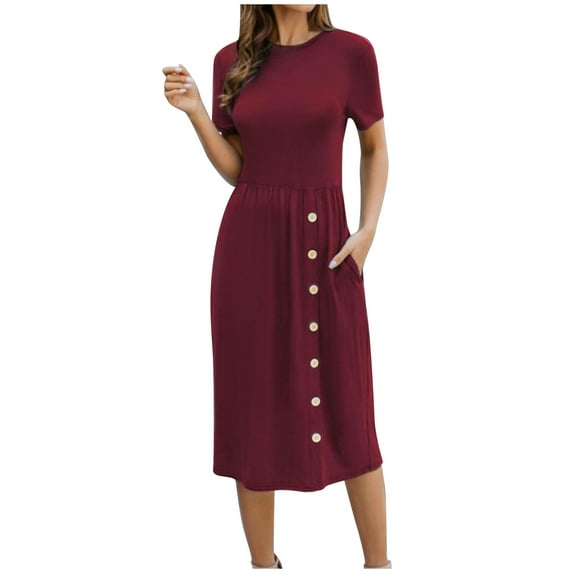 VSSSJ Womens Summer Casual Midi Dress Slim Crew Neck Solid Color Tunic Long Dress Button Front Short Sleeve Elegant Dress with Pockets