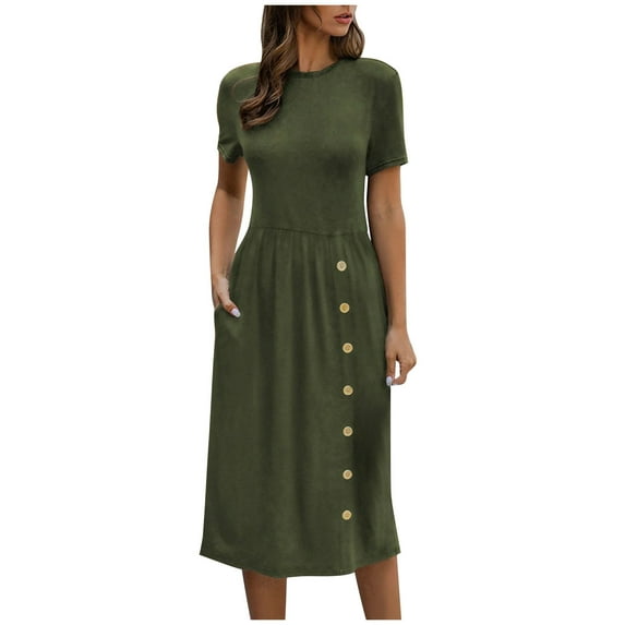 VSSSJ Womens Summer Casual Midi Dress Slim Crew Neck Solid Color Tunic Long Dress Button Front Short Sleeve Elegant Dress with Pockets