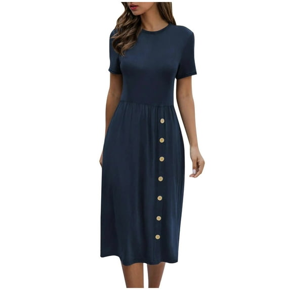 VSSSJ Womens Summer Casual Midi Dress Slim Crew Neck Solid Color Tunic Long Dress Button Front Short Sleeve Elegant Dress with Pockets