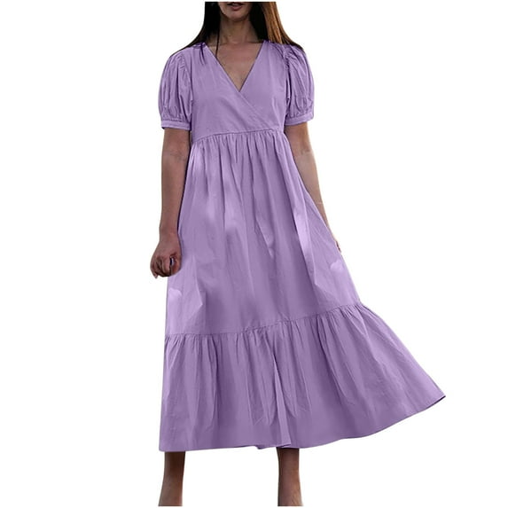 VSSSJ Womens Summer Midi Dress Solid Color Loose Puff Short Sleeve Smocked Long Dress Casual V Neck Flounce Hem Swing Vacation Dress